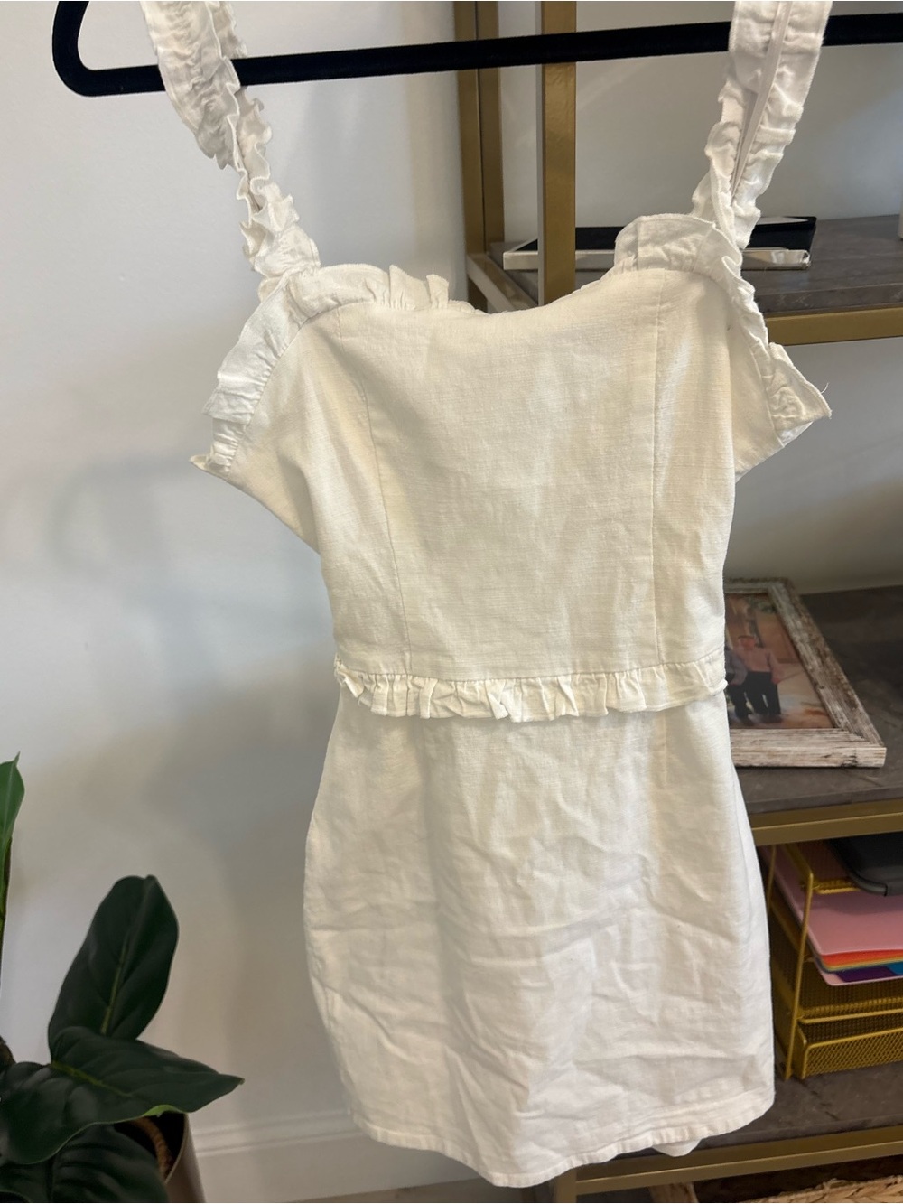 Women’s Ruffled Strap Linen Mini Dress - White